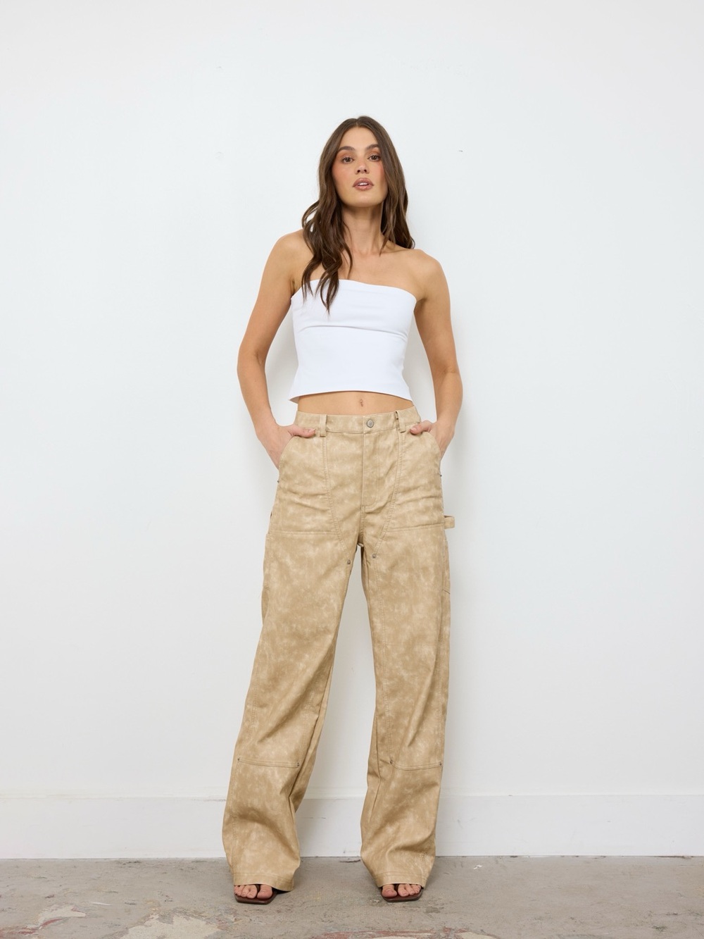 Bobbles and Lace Wide-Leg Utility Pants in Beige